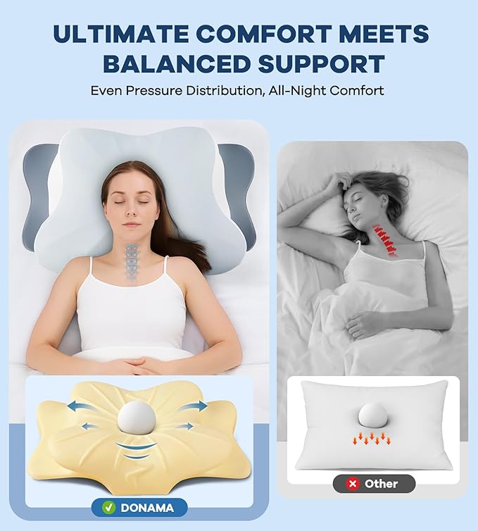 Cervical Pillow for Neck Pain Relief -Cooling Ergonomic Memory Foam Pillow with Ice Silk Pillowcase, Dual-Height Orthopedic Support Contour Pillow for Side/Back/Stomach Sleepers, CertiPUR-US Certified