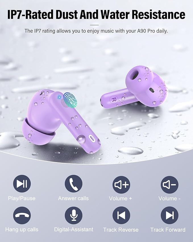 Wireless Earbuds, Bluetooth 5.4 Headphones Bass Stereo, Ear Buds with Noise Cancelling Mic, IP7 Waterproof in Ear Earphones, 36H LED Display Bluetooth Earbuds for Laptop Pad Phones Sports, Purple