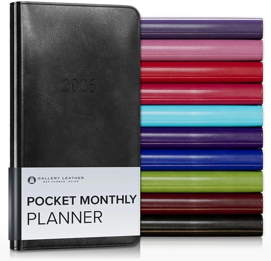 Gallery Leather Pocket Monthly Planner 2025-2026, Elegantly Bound Calendar Planner and Notebook with Stylish Gold-Gilded Page Edges, 18 Months - Acadia Black - 6x3.25""