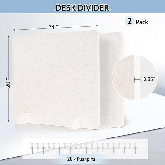 2 Pack Acoustic Desk Dividers - 24" x 20" Freestanding Privacy Panels Set with Noise - Reducing Design Cubicle Sound Proof, Ideal for Office, Classroom, and Home (Light Beige)