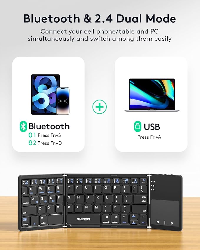 Samsers Multi-Device Foldable Bluetooth Keyboard with Touchpad, Rechargeable Dual-Mode(2.4G+BTx2) Wireless Keyboard with Holder, Portable Folding Keyboards for Android Windows iOS Mac OS - Black