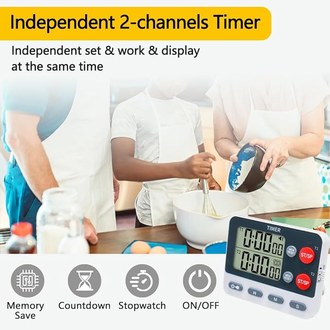 Digital Dual Kitchen Timer, 2 Groups Cycle Countdown Timer, ON/Off Memory Function, Loud Volume Flashing Light Alarm with Magnetic Back, Stand, Battery Included