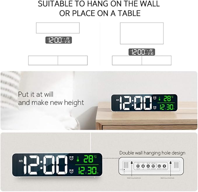 Digital Clock, Clock for Bedroom, Clocks for Living Room Decor, Desk Table Clock, Alarm Clock Large Display with Date Week Temperature, Automatic Brightness Dimmer, Smart Cool Modern (White Green)