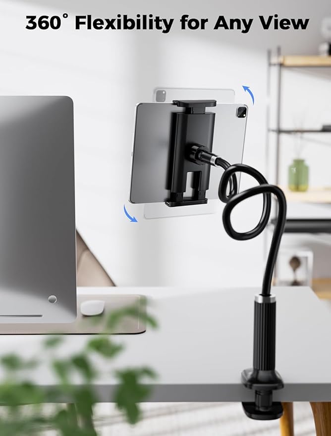 Gooseneck Tablet Holder, Tablet Stand : Flexible Arm Clip Tablet Mount Compatible with iPad mini Pro Air, Kindle, Switch, Galaxy Tabs, More 4.7-11" Devices-(Black)