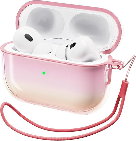ORNARTO for AirPods Pro 2 Case 2023/2022–Stylish Gradient Clear TPU, LED Visible, Shockproof Protective Case Cover for AirPods Pro 2nd Generation with Lanyard-Aurora Pink