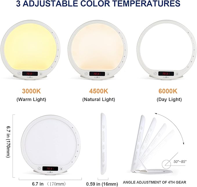 Light Therapy Lamp 10000 Lumens UV-Free Sunrise Alarm Clock Wake Up Light Super Bright Alarm Clock APP Control with 10 Built-in Natural Sounds Portable