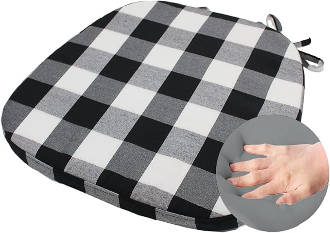Chair Cushion with Ties for Dining Chair - Memory Foam No Slip Kitchen Chair pad and Dining Room Seat Cushion with Machine Washable Cover [16.5 X 16.2 Inches] - (Black White,1)