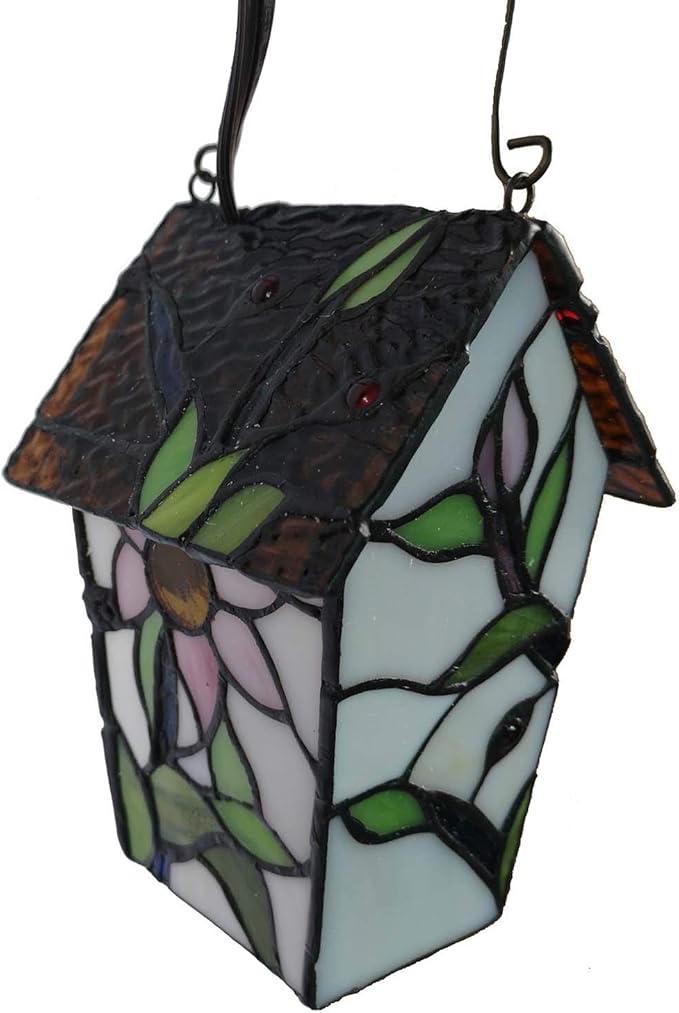 Bieye L10617 Tiffany Style Stained Glass Birdhouse Table Lamp for Home Decor (21-inch High, Pink Flower)