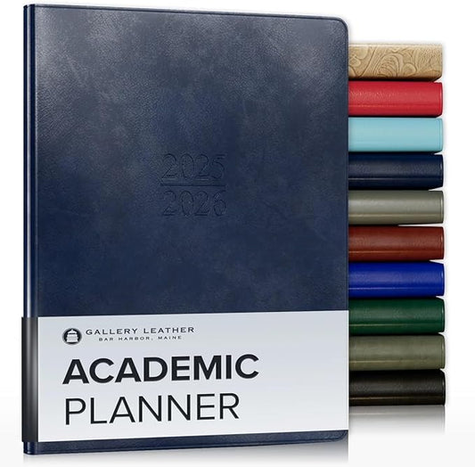 Gallery Leather Academic Planner 2025-2026, Teacher and Student Weekly Monthly Planner, Elegantly Bound Calendar with Gold-Gilded Page Edges, 18 Months - Acadia Navy - 9x7"