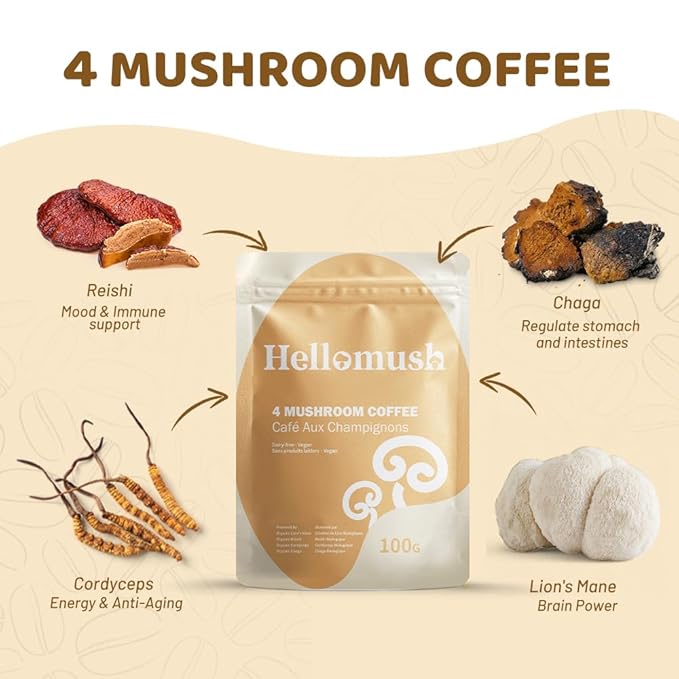 Hellomush Organic Instant Mushroom Coffee with Lions Mane, Reishi, Chaga and Cordyceps Coffee, Adaptogen Drink for Greater Energy, More Focus, Better Digestion, and Gut Support 28 Servings 3.52 oz
