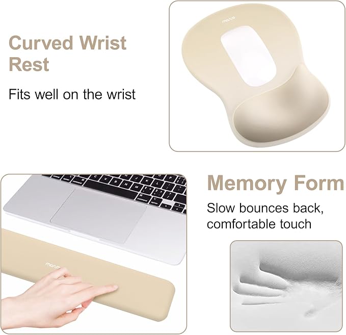 MOSISO Wrist Rest Support for Mouse Pad&Keyboard Set, Ergonomic Mousepad with Concave Curved Memory Foam, Non-Slip Base Pain Relief Comfortable Rectangular Easy Typing Pad for Home/Office, Khaki
