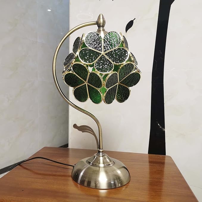 Bieye L10875 Tiffany Style Stained Glass Flower Petal Table Lamp with Brass Base for Home Décor (Green, 8" Cherry Blossom)