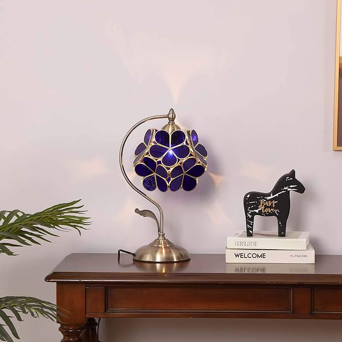 Bieye L10750 Tiffany Style Stained Glass Flower Petal Table Lamp with Brass Base for Home Décor (Blue, 8" Cherry Blossom)