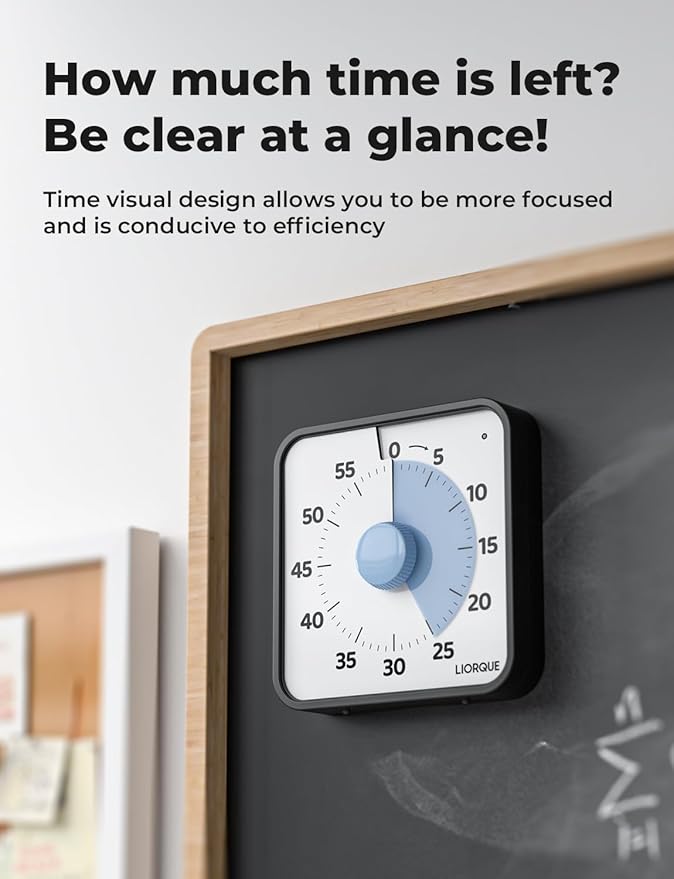 LIORQUE 60 Minute Visual Timer for Kids and Adults, Non-Ticking 7.5 Inch Large Visual Countdown Timers for Classroom Desk Countdown Clock with Magnetic Backing, Kids Pomodoro Timer Clock