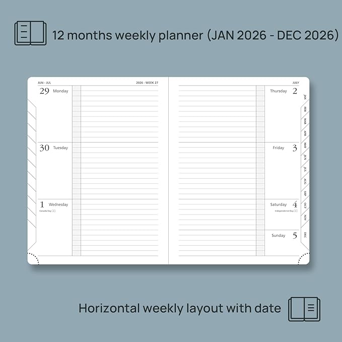 POPRUN 2026 Weekly Planner (Medium 6.75" x 8.75") 12 Months Calendar Notebook with Horizontal Layout, Leather Hardcover, Inner Pocket, 100GSM Thick Paper, Pen Holder - Army Green