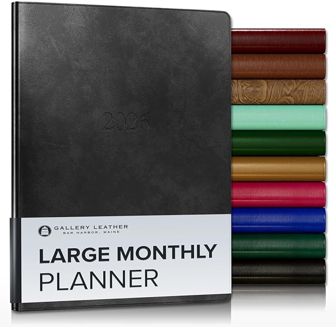 Gallery Leather Large Monthly Planner 2025-2026, Elegantly Bound Calendar Planner and Notebook with Stylish Gold-Gilded Page Edges, 18 Months - Acadia Black - 9.75x7.5"