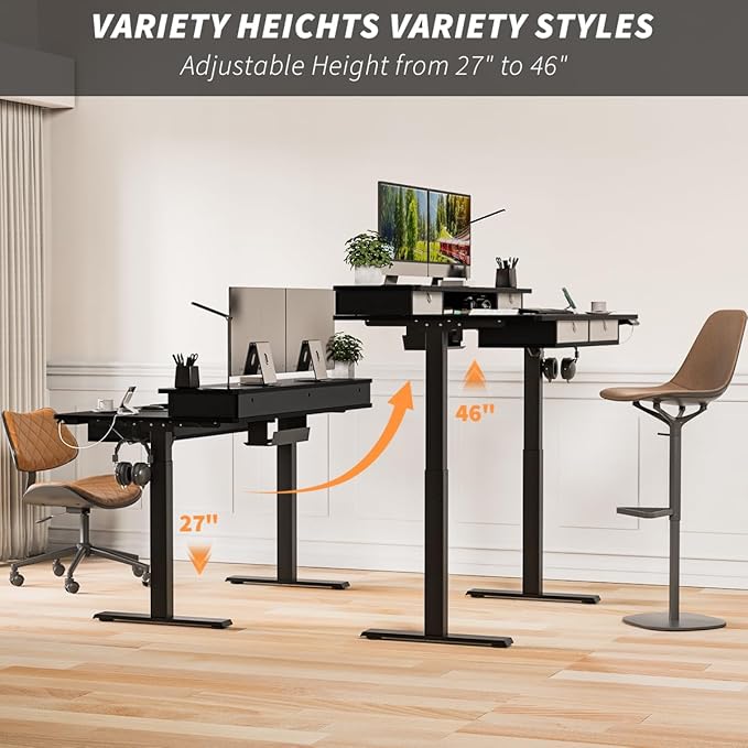 Standing Desk with Fast Charging USB Ports, 63" x 30" Height Adjustable Home Office & Gaming Desk, Sit Stand Desk with Built-in Storage Shelf, Hook & Ergonomic Design(Classic Black)