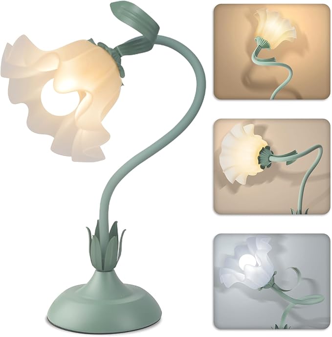 Women Bedside Table Lamps for Bedroom, Cute Flower Desk Lamp with Adjustable Flexible Gooseneck, 3 Color Temperatures Nightstand Lamp with E26 LED Bulbs, Floral Lamp for Living Room, Office,Reading
