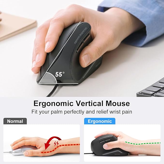 SANWA Wired Ergonomic Mouse, Silent Click, Vertical Computer Mice, 3 Programmable Buttons, Optical Ergo Mouse, Reduce Wrist Strain, 1000/1600 DPI, Compatible wtih Mac, Windows, Laptop, PC