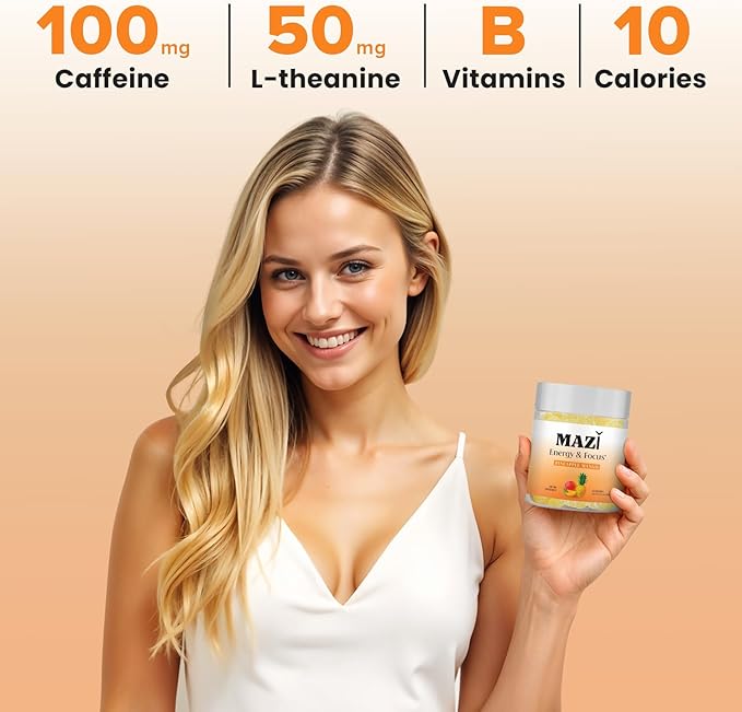 Energy & Focus Gummies | 100mg Natural Caffeine + L-Theanine + Vitamin B6 & B12 + CoQ10 | Nootropic Cognitive Brain Performance Supplement | No Crash or Jitters