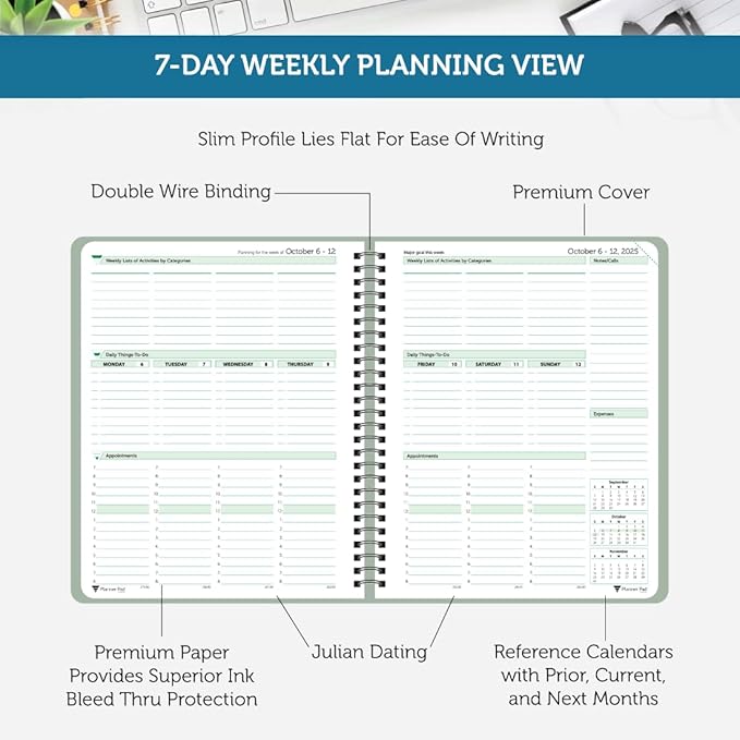 Planner Pad Spiral Bound 3-Tier Funnel Down 12 Month Organizer, October 2025 – September 2026, Greenish Grey Cover/Soft Green Ink, 6 3/4" x 8 1/2"