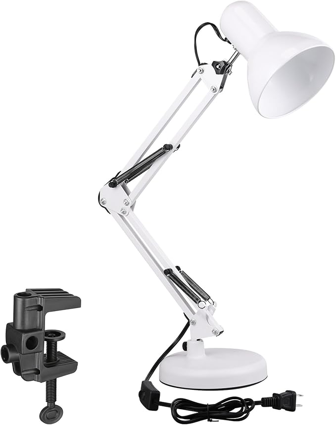 TORCHSTAR Metal Desk Lamp with Clamp, Swing Arm, Architect Adjustable Gooseneck Table Lamp, Clip Desk Lights for Home Office, Work, Study, Reading, E26 Base, Multi-Joint, White