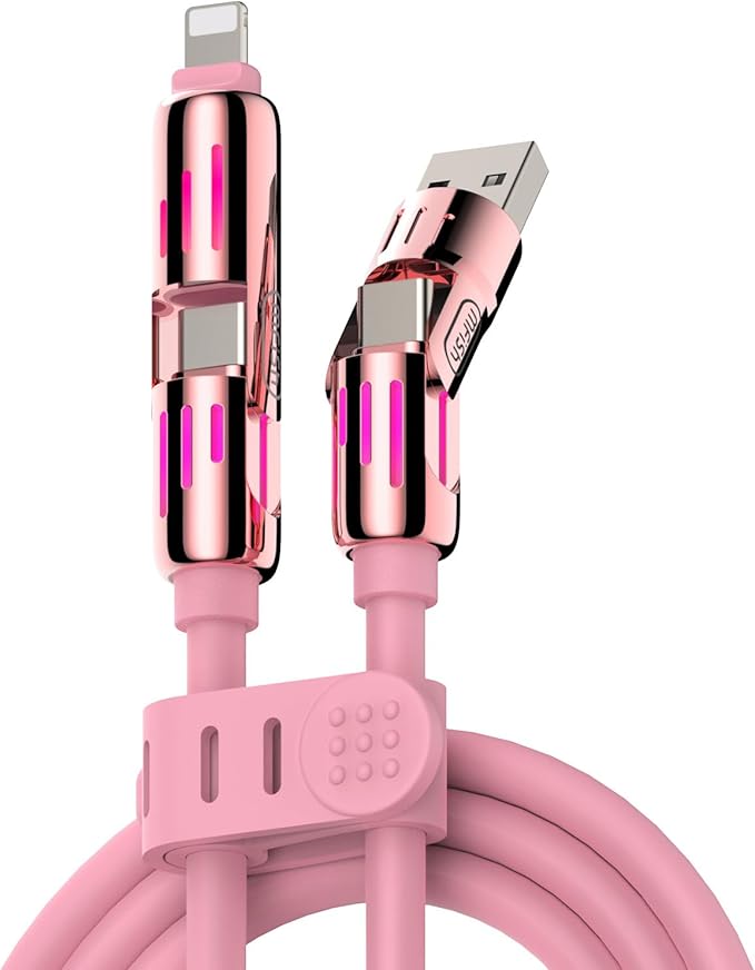 MFish 4-in-1 Universal USB Charging Cable with Carrying Case – 240W Max Fast Charger Cord, USB-A, Dual USB-C & Lighting, for iPhone 14/15/16/17 Series, iPad & MacBook and More (Pink, 6.6Ft)