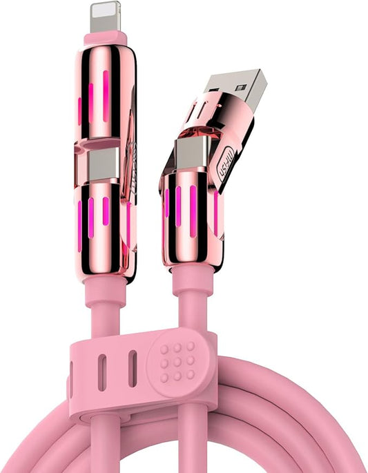 MFish 4-in-1 Universal USB Charging Cable with Carrying Case – 240W Max Fast Charger Cord, USB-A, Dual USB-C & Lighting, for iPhone 14/15/16/17 Series, iPad & MacBook and More (Pink, 6.6Ft)