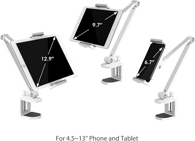 Viozon Tablet Stand Holder Mount, Rotate 360 Degrees of Flexible, Height and Angle Adjustable, High-Grade Aluminium Alloy Long Arm Compatible with 4.5-13 Mobile Phone and Tablet, iPhone, iPad(White)