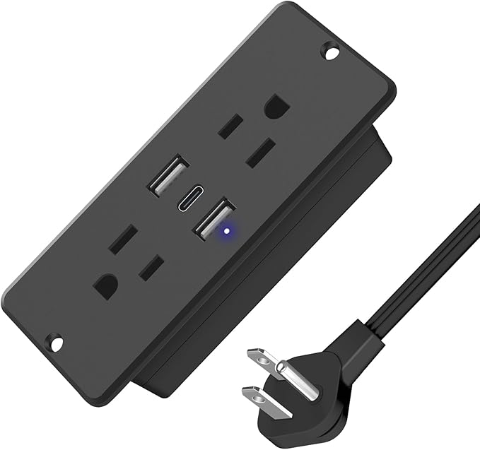HHSOET 20W Fast Charging Power Strip with USB-C, 2 AC Plugs, 2 USB Ports, 10ft Power Cord, Black