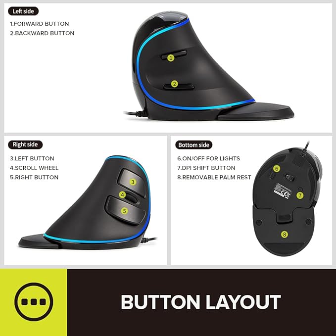 DeLUX Wired Ergonomic Mouse with 7200DPI, Vertical Mouse Large with 6 Programmble Buttons, Blue LED Light, On-Board Software and Removable Palm Rest for PC Computer Laptop(M618PU-Black)