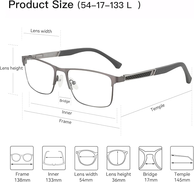 ZENOTTIC Reading Glasses Men: Blue Light Glasses Metal Square Frame - Computer Readers Nose Pads - Spring Hinge Eyeglasses