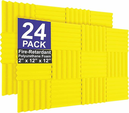 Foam Factory Inc 24 Pack Color Acoustic Foam Panel Studio Soundproofing Wedge Wall Tiles 12” X 12” X 2” (Yellow)