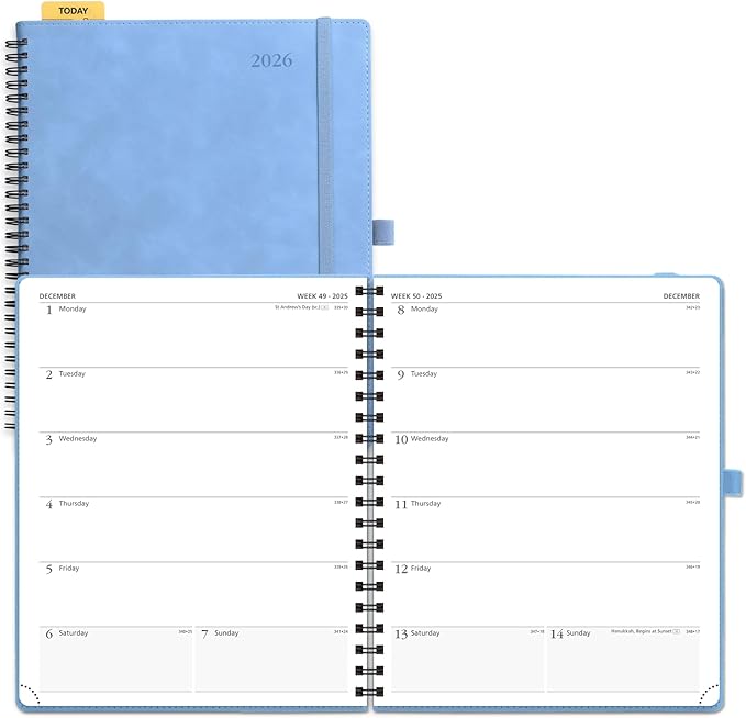 POPRUN 2026 Planner Weekly Notebook Calendar (Jan-Dec), Large Size 8.5'' x 10.5'' - Agenda 2026 Appointment Book with Monthly Tabs, Inner Pocket, Spiral Soft Cover, 100 GSM TJ- Cerulean Blue