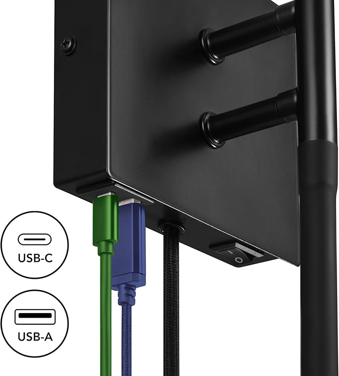 Globe Electric 1-Light Plug-in or Hardwired Wall Sconce with Reading Light, USB-A Port, USB-C Port, LED Integrated Reading Light, Matte Black, White Fabric Shade, On-Off Pull Chain and Rocker Switch