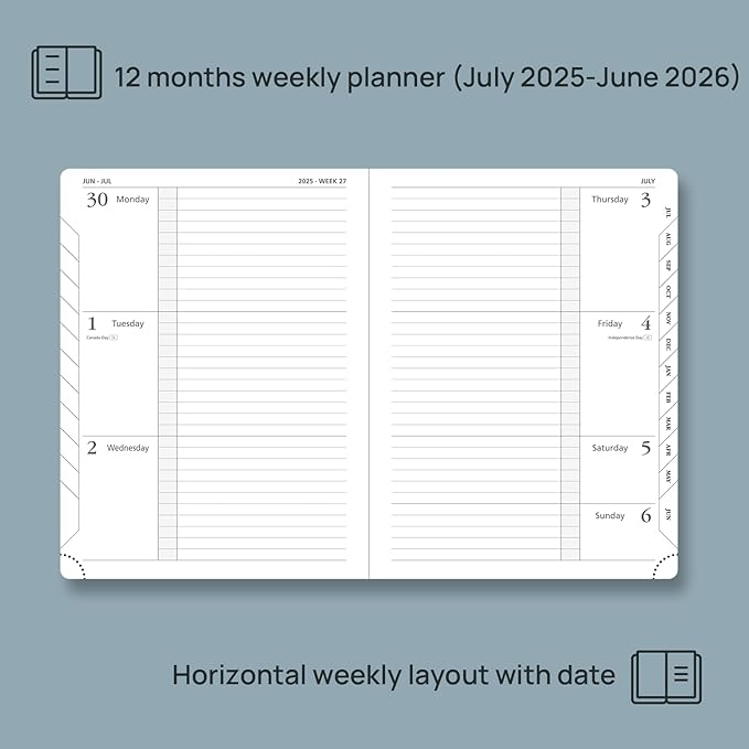 POPRUN Planner 2025-2026 (Medium 6.75''x 8.75''), Horizontal Weekly Notebook Jul.2025 - Jun.2026, Academic Appointment Book with Monthly Tabs, Leather Hardcover, Inner Pocket, 100 GSM - Soft Pink