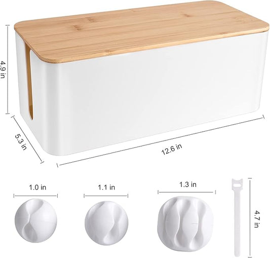 Cable Management Box - Wooden Style Cord Organizer Box to Hide Wires & Power Strips | Desk Computer Cable Organizer Box | Safe ABS Material | 12.6" (L) x 5.3" (W) 4.9" (H) | for Home & Office - White