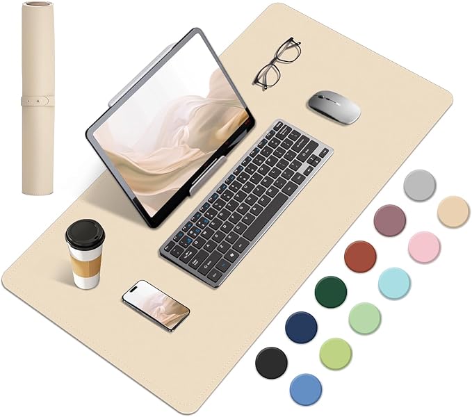Dual-Sided Desk Pad, Natural Cork & PU Leather Mouse Pad for Desk, Desk Pad Protector, Non-Slip Desk Mat for Office and Home Work, (Apricot, 23.6" x 13.7")