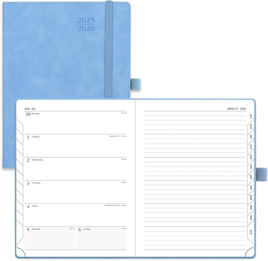 POPRUN Planner 2025-2026 Weekly Notebook (Medium 6.5''x 8.5'') Academic Calendar (JUL.25 - JUN.26) Appointment Book with Monthly Tabs, Leather Soft Cover, Inner Pocket, 100 GSM - Cerulean Blue