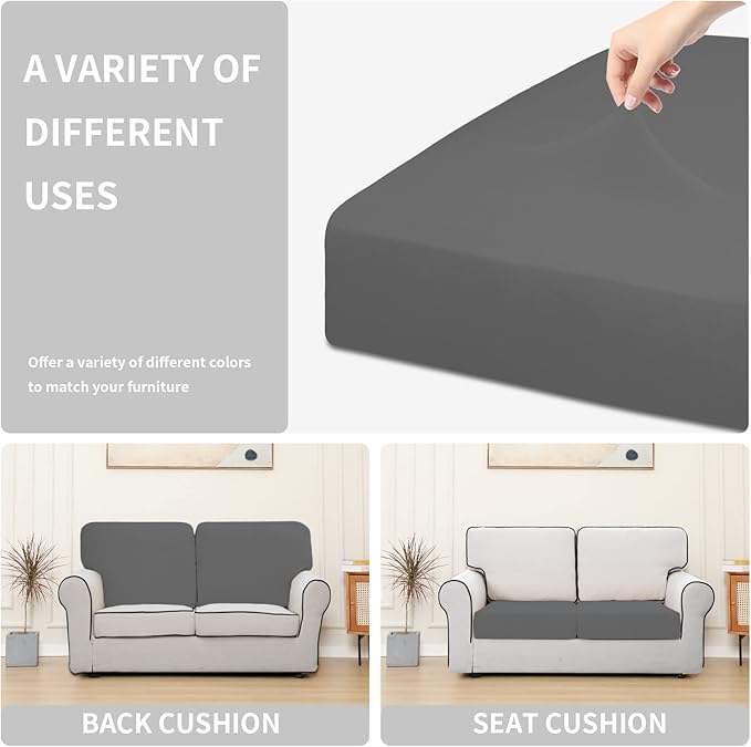 Easy-Going 100% Waterproof Chair Sofa Seat Cushion Slipcovers Couch Cushion Cover Stretch Furniture Protector for Kids, Pets (2-Piece Loveseat Cushion, Gray)