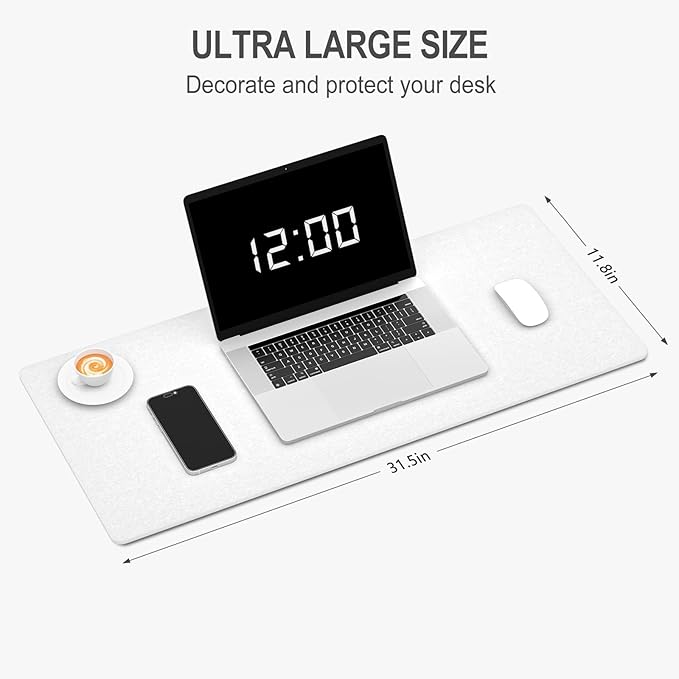 Auhoahsil Felt Desk Mat, Minimalist Large Mouse Pad XL 31.5 x 11.8 in, Desk Matt for Desktop, Keyboard, Laptop, Computer, Office, Work from Home, Gaming, White