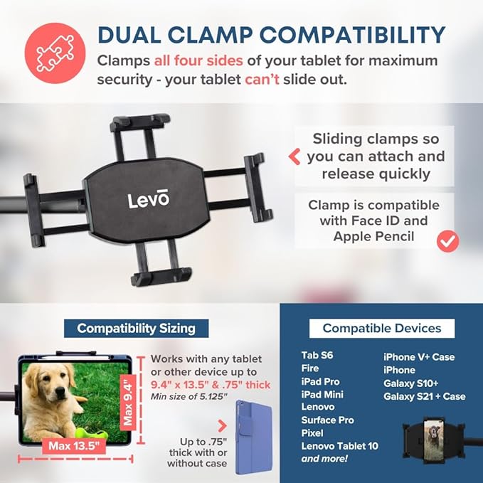 LEVO G2 Clamp on Tablet Holder for Desk: iPad Holder Stand, Kindle Holder, iPad Desk Mount, Premium