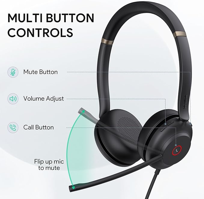 Yealink UH37 USB Headset with Mic,Wired Headset with Noise Cancelling Microphone for Computer PC Laptop VoIP Phone,USB-A & USB-C Cable,Works with Zoom and Other Leading UC Platforms