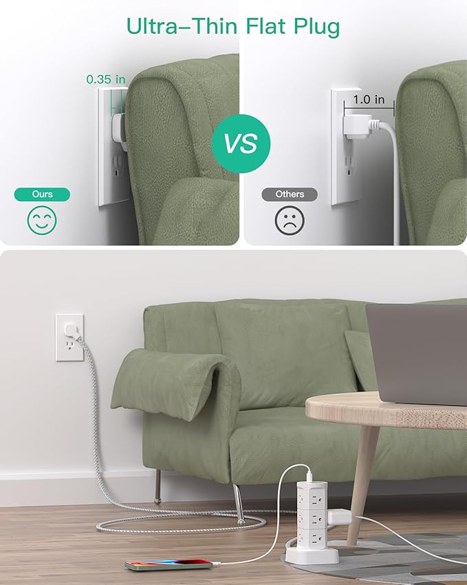 Power Strip Tower, PD20W Charging Station Desk Accessories, Flat Plug, 12 Outlets 4 USB Ports, 1080J Surge Protection, 6Ft Extension Cord with Multiple Outlets, Office Supplies, Dorm Room Essentials