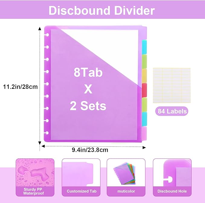 11 -Discbound Pocket Divider with 8 Tabs,2 Set Letter Size Tul Notbook Divider Folder Dis Planner Inserts for for Document Discbound System, Office Home School（16PCS