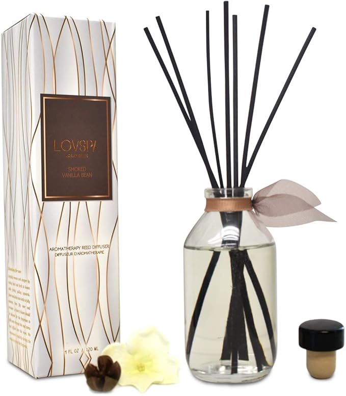 LOVSPA Reed Diffuser Set, Smoked Vanilla Scented Oil Diffuser with Sticks, Home Fragrance Accessories for Bathroom Shelf Decor, Aroma Diffusers for Home or Office Fall Decor, USA Made
