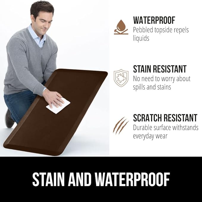 GORILLA GRIP Comfortable Cushioned Kitchen Mats for Floor, 58x20, Waterproof and Stain Resistant Soft Top, 3/4 Inch Thick Ergonomic Standing Desk Anti Fatigue Mat, Foam Supports Ankles and Feet, Brown