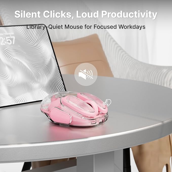 EWEADN Q9 Wireless Clear Mouse Dual Mode Bluetooth & 2.4G USB Computer Mouse with RGB Lighting, Silent Clicks, Multi-Device Compatibility for Laptop, PC, MacBook, iPad Cute Mouse-Pink