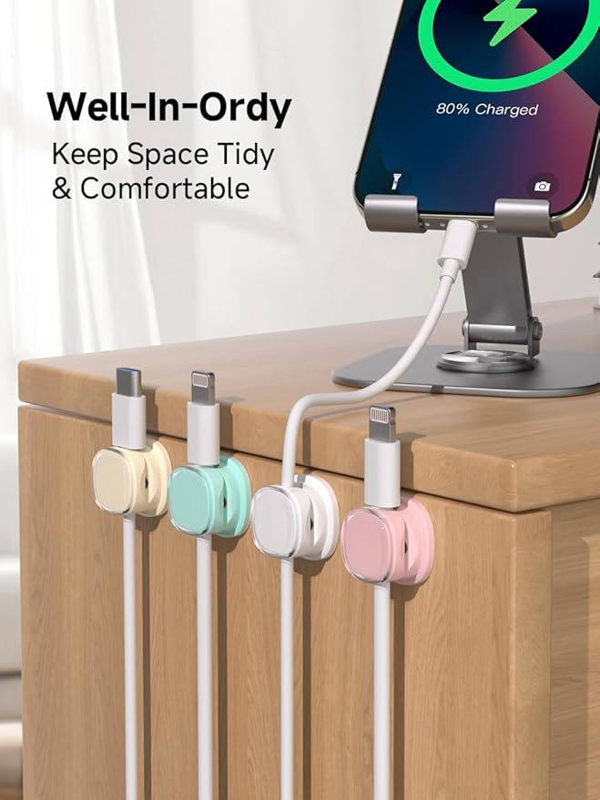 Magnetic Cable Clips, Adjustable Cord Holder Management, Adhesive Wire Keeper Organizer for Home Office Desk Phone PC Car Wall Desktop Nightstand Appliance (9-PCS White_Purple_Cyan_Apricot)