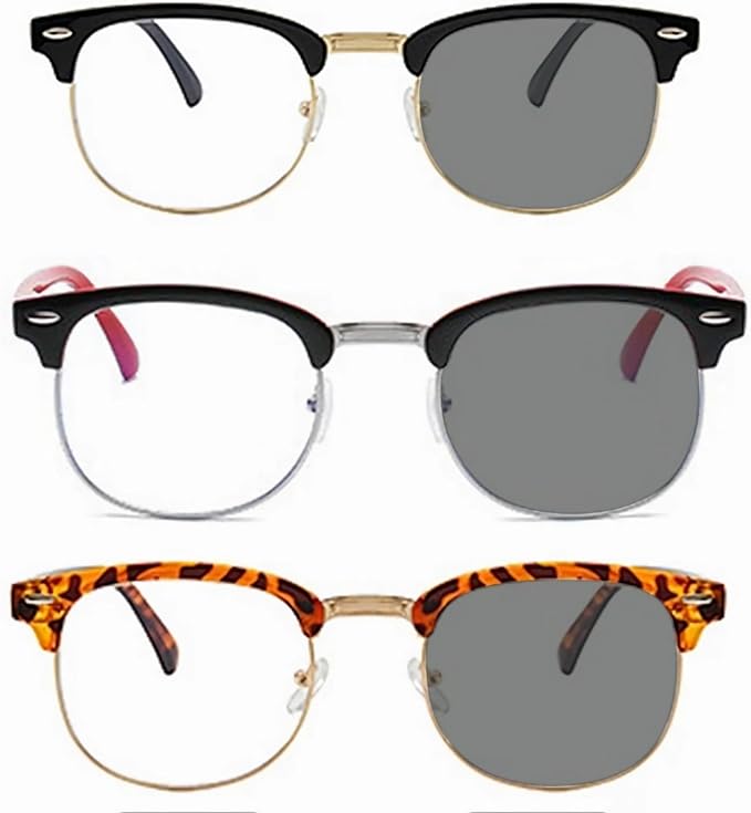 Photochromic Blue light Blocking Glasses Half frame Retro Semi Rimless Blue Blocking Eyewear For Men Women 3 Pack